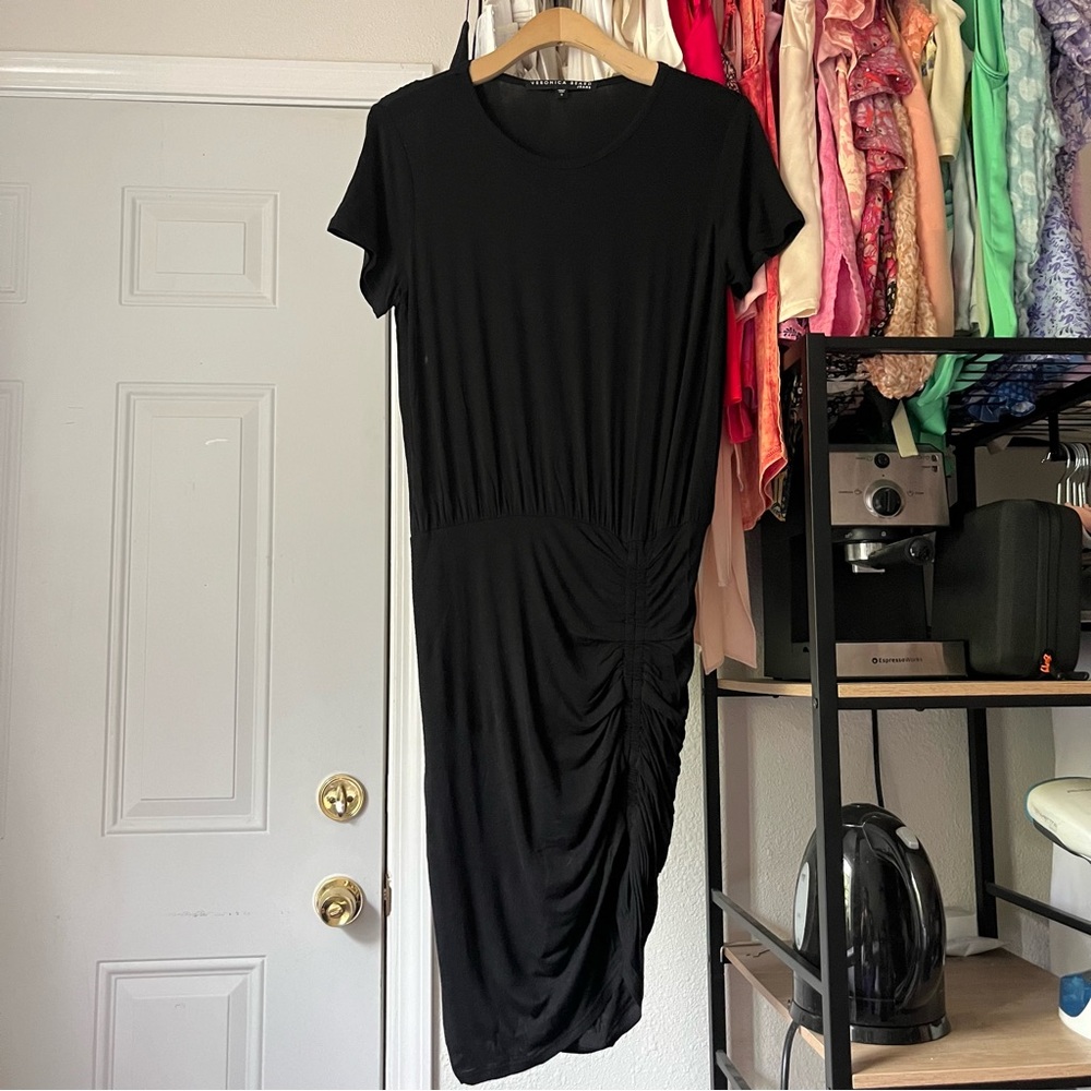 VERONICA BEARD black knit ruched short sleeve tshirt mini‎ dress